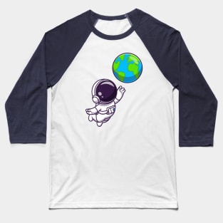 Cute Astronaut Floating With Earth World Cartoon Baseball T-Shirt